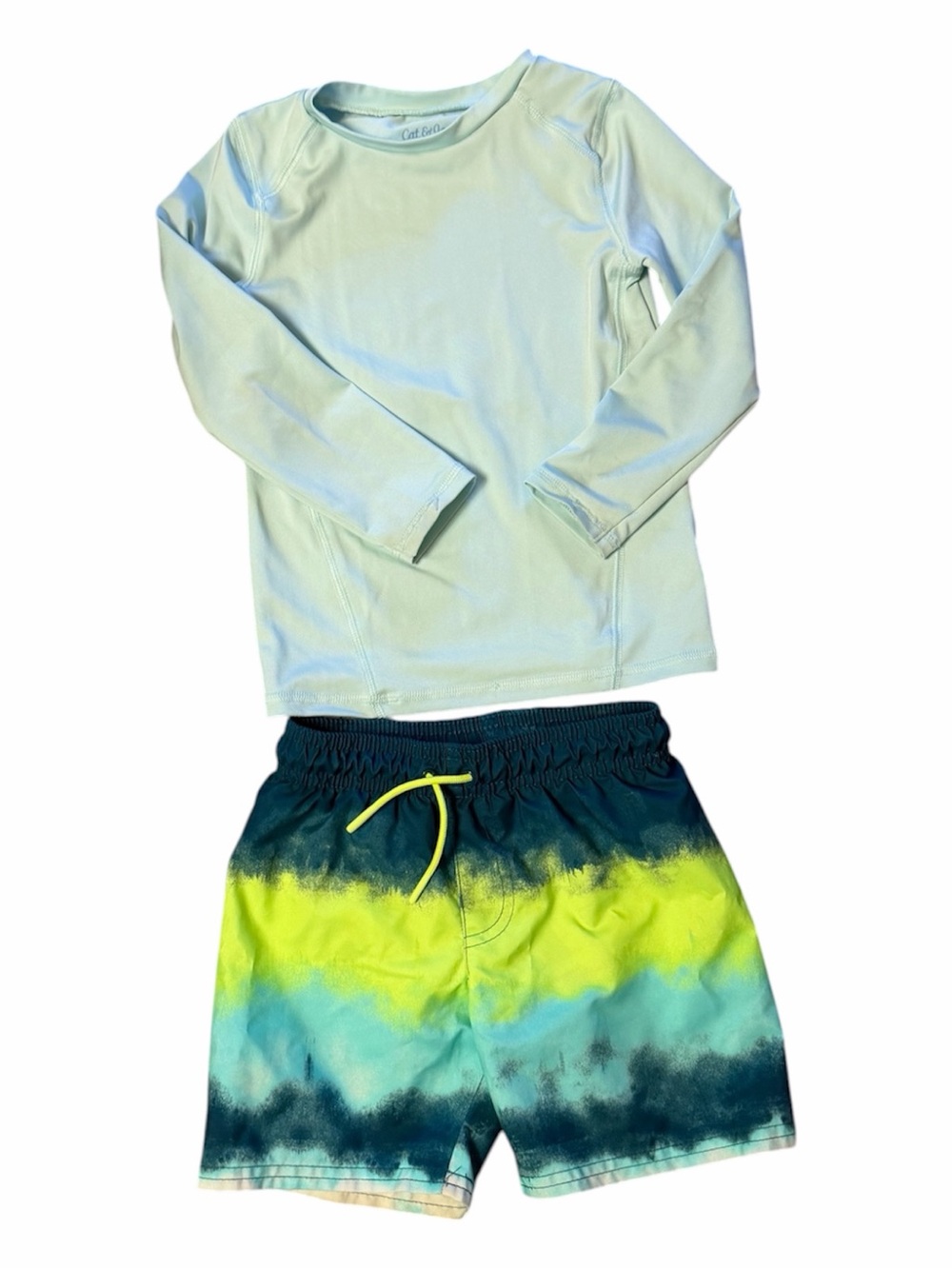 Cat & Jack  Boys' Light Blue Rash Guard & Neon Wave Swim Shorts Set
